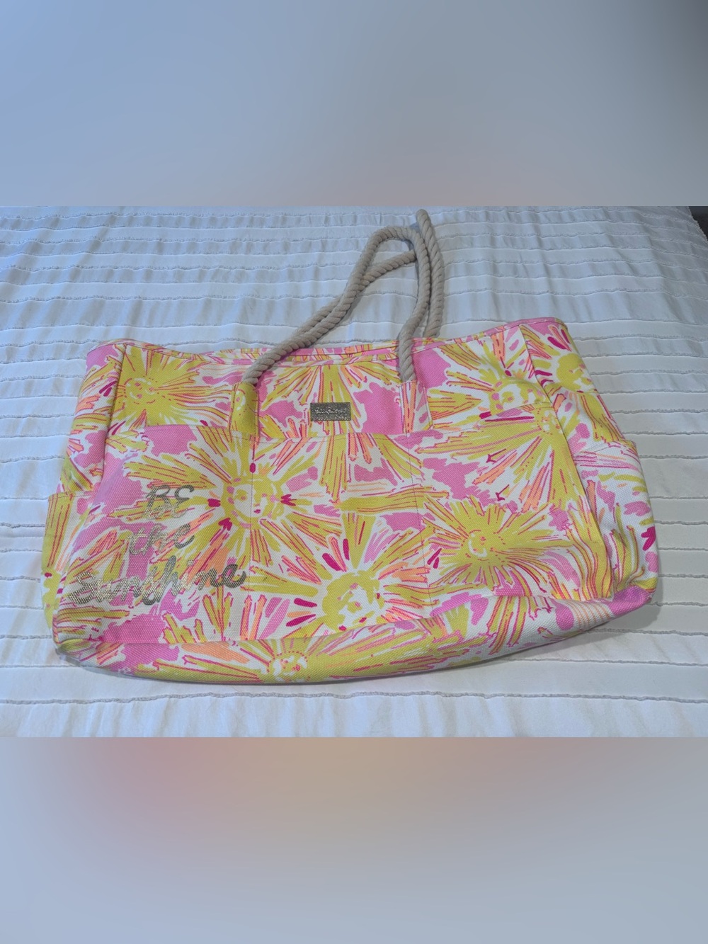 Lilly Pulitzer -Be The Sunshine- Pink & Yellow Floral Canvas Tote -Rope Handles